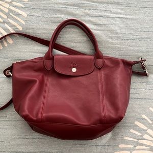 Le Pliage Leather Foldable Tote Burgundy